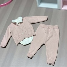 Yakalı Body Saç Örgülü Hırkalı Triko Üçlü Alt Üst Takım - ANG3131-PEMBE-6 - 9 Ay Pembe