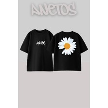 Anetos Papatya Tasarım Sırt Baskılı Pamuk Siyah Oversize T-Shirt
