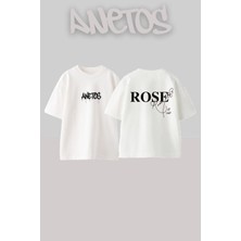 Anetos Blackpink Rose 2 Tasarım Sırt Baskılı Pamuk Beyaz Oversize T-Shirt