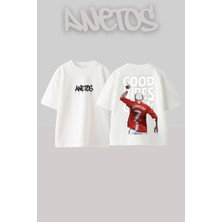 Anetos Good Vibes Tasarım Sırt Baskılı Pamuk Beyaz Oversize T-Shirt