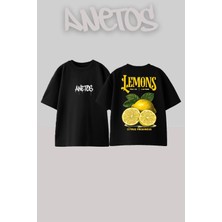 Anetos Lemons Tasarım Sırt Baskılı Pamuk Siyah Oversize T-Shirt