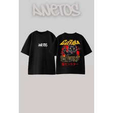 Anetos Catzilla 2 Tasarım Sırt Baskılı Pamuk Siyah Oversize T-Shirt