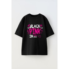 Anetos Black Pink 4 Baskılı Ünisex Pamuk Siyah Oversize T Shirt