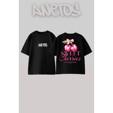 Anetos Sweet Cherries Tasarım Sırt Baskılı Pamuk Siyah Oversize T-Shirt
