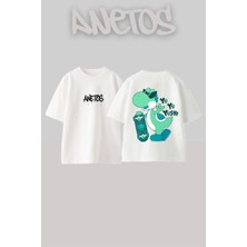 Anetos Baby Dino Tasarım Sırt Baskılı Pamuk Beyaz Oversize T-Shirt