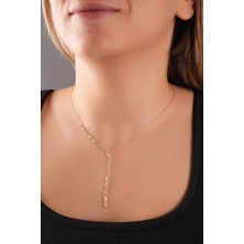 Sunshine 925 Ayar Gümüş Kolye, Gold Kaplamalı Mekik Taşlı V Model Kolye