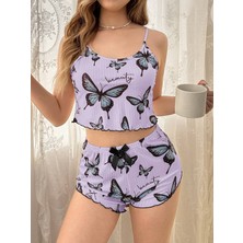 Veille Mor Renk Kelebek Desenli Şortlu Ev Giyim Takımı,kadın Yazlık Askılı Pijama, Rahat ve Şık Ev Giyim