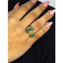 Esha Store Doğal Taş Yeşil Akik Üçlü Doğal Taşlı Antik Model Kadın Ayarlanabillir Yüzük EUY76YA