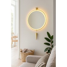 Wallover Design Dev Boy Massivey Exclusive Gold Konikli Ledli Ayna, Iskandinav Tarzı Dekoratif Duvar Aynası 60X75
