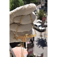 Özgür Takı 925 Ayar Gümüş 24 Ayar Altın Kaplama 2 Nazar Boncuklu Ayak Figürlü Çift Isimli Kolye