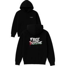 Vsrn Free Palestine Tasarım Baskılı Oversize Siyah Kapüşonlu Sweatshirt