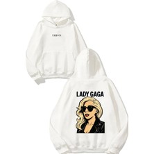 Urbvn Lady Gaga Tasarım Baskılı Oversize Beyaz Kapüşonlu Sweatshirt