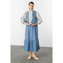 Accort Eteği Volanlı Uzun Elbise-Indigo