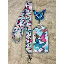 Hediyebum Mavi Kelebek ve Çiçekler Boyun Askısı Yoyo ve Kartlık Set