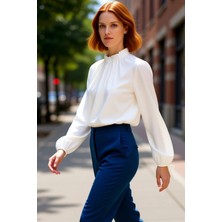 PayBuy Kadın Dik Yaka Balon Kol Dokuma Bluz Şıklık ve Konfor Bir Arada Kaliteli Şık Rahat Modern Zarif