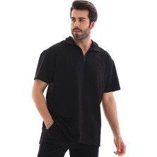 Rawea Fashion Unisex Yarım Fermuarlı Düz Oversize T-Shirt - Siyah