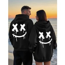 Nevermind Gülümseme Baskılı Renk 3 İplik Pamuk Sevgili Kombini 2'li Kapüşonlu Sweatshirt Seti 3 İplik