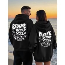 Nevermind Believe In Your World Yazılı - Siyah Sevgili Kombini 2'li Oversize Unisex Kapüşonlu Sweatshirt Seti