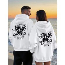 Nevermind Yıldız Desenli Baskılı - Trend Sevgili Kombini 2'li Oversize Kapüşonlu Sweatshirt Seti