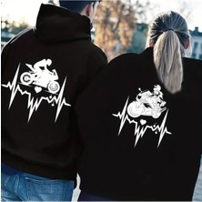 Nevermind Sevgili Kombini Oversize Hoodie - Motosiklet Kalp Ritmi Baskılı 3 İplik Unisex Sweatshirt 2'li Siyah