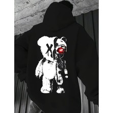 Nevermind Panda ve Robot Baskılı Siyah - Kırmızı Göz Detaylı Streetwear Oversize Unisex Kapüşonlu Sweatshirt