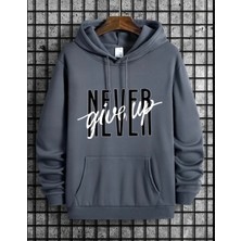 Punix Punıx Büyük Beden Özel Tasarım Kapüşonlu Never Gıve Up Baskılı %100 Pamuk Oversize Erkek Sweatshırt