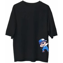 Rawea Fashion Unisex Bisiklet Yaka Baskılı Oversize T-Shirt - Siyah