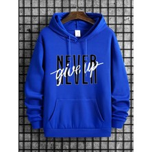 Punix Punıx Büyük Beden Özel Tasarım Kapüşonlu Never Gıve Up Baskılı %100 Pamuk Oversize Erkek Sweatshırt