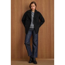 Olcay Pelerin ve Kol Patı Detaylı Kruvaze Kısa Kaban Siyah 3161