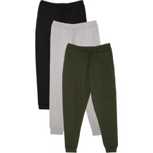 Tudors Erkek 3'lü Paket Siyah-Gri-Haki Regular Fit Beli Bağcıklı Jogger Cepli Lastikli Paça Eşofman Altı