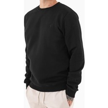 Souris Erkek Siyah Sweatshirt Bisiklet Yaka Rahat Kalıp 3 Iplik Şardonlu