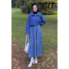 Lamelif Yaka Fermuarlı Crop Triko Kazak Indigo