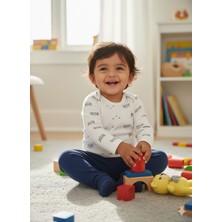 Şimo Butik Çocuk Bebek Uzun Kollu Çıtçıtlı Body-Badi %100 Pamuk Nefes Alabilen Kumaş 3.5-4-5-6 Yaş Çizgili Ayı Kafa Ekru