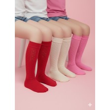 Şimo Butik Kız Çocuk Diz Altı Çorap Kendinden Desenli Pamuklu Nefes Alabilir Terletmez 3'lü Paket