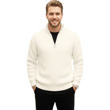 DeepSEA Erkek Ekru Yarım Fermuarlı Oversize Kesim Triko Kazak – Yumuşak Dokulu Örgü Kazak 2608511