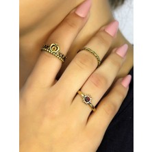 Esha Store Doğal Taşlı 3'lü Garnet (Lal) Doğal Taşlı Güneş Modelli Kadın Ayarlanabilir Yüzük Seti EUY85