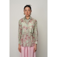 Orfeonegro Kadın Yandan Bağlama Detaylı Pembe-Yeşil Çiçekli Gömlek