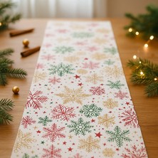 Elyona Yılbaşı Temalı Masa Runner’ı – Krem Zeminli, Renkli Kar Tanesi Desenli 40X140 cm