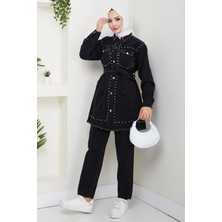 Harman Butik Kadın Inci Detaylı Kemerli Siyah Kot Takım