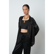 Orfeonegro Kadın Siyah Yaprak ve Çiçek Desenli Oversize Tesettür Kimono