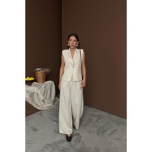 Janes Bej Keten Yelek Pantolon Takım