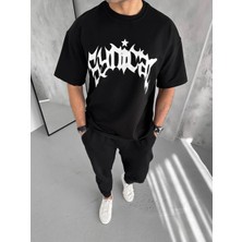 Rawea Fashion Unisex Bisiklet Yaka Baskılı Oversize T-Shirt - Siyah