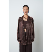 Orfeonegro Kadın Kahverengi Yaprak Desenli Oversize Kesim Tesettür Kimono