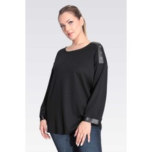 Tolga Saraçoglu Tolga Saraçoğlu Kadın Suni Deri Detaylı Rahat Kesim Örme Bluz 11089 Siyah