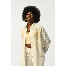 Orfeonegro Kadın Önü Nakış Işlemeli Natur Renk Oversize Gömlek