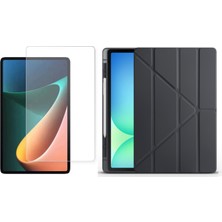 Tekno Grup Galaxy Tab S10 Ultra Kılıf Zore Tri Folding Kalem Bölmeli Standlı Kılıf-Siyah + Cam