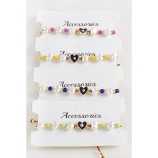 Gümüş Takıcım Kalp Boncuk Inci Makrome Ip Bileklik