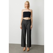 Ekol Kadın Çizgi Desenli Wide Leg Pantolon 5111 Siyah