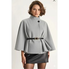 Vellichor Kadın Kemerli Kaşe Panço- Gri