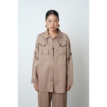 Orfeonegro Kadın Çift Cepli Önü Boncuk Işlemeli Düz Renk Gömlek